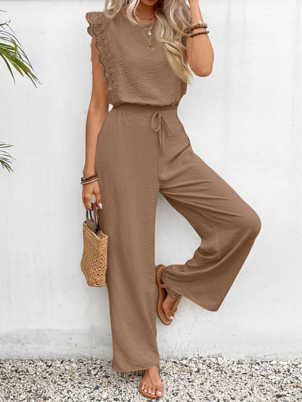 Lace Trim Round Neck Top and Pants Set