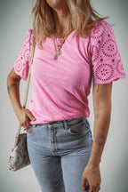 Eyelet Embroidery Scalloped Sleeve Round Neck Top