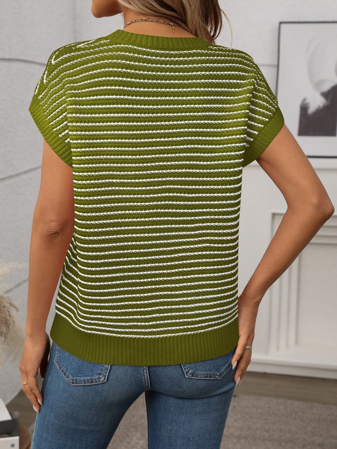 Striped Round Neck Short Sleeve Knit Top - felvior