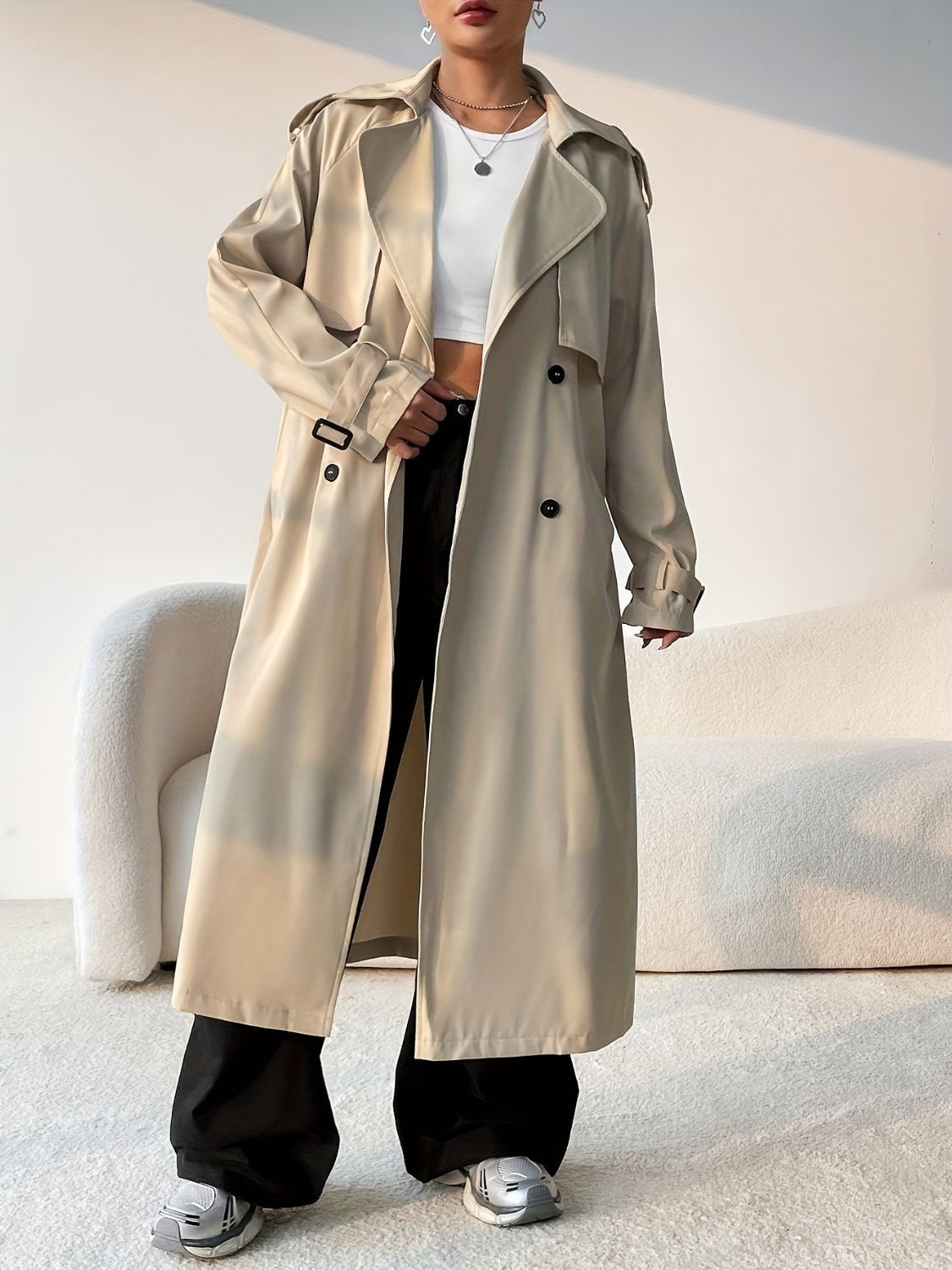 Collared Neck Long Sleeve Longline Trench Coat - felvior