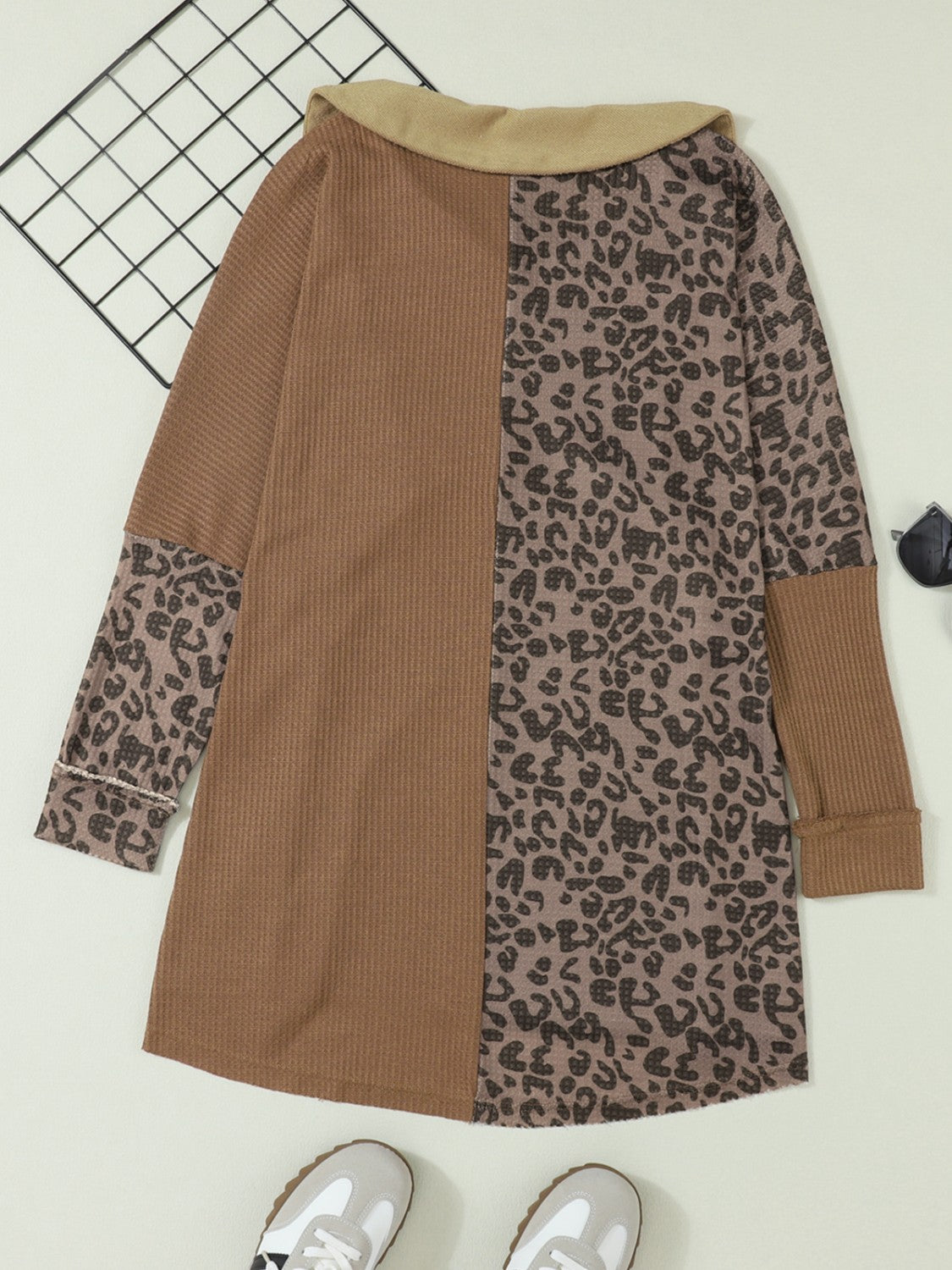 Half Button Leopard Collared Neck Blouse - felvior