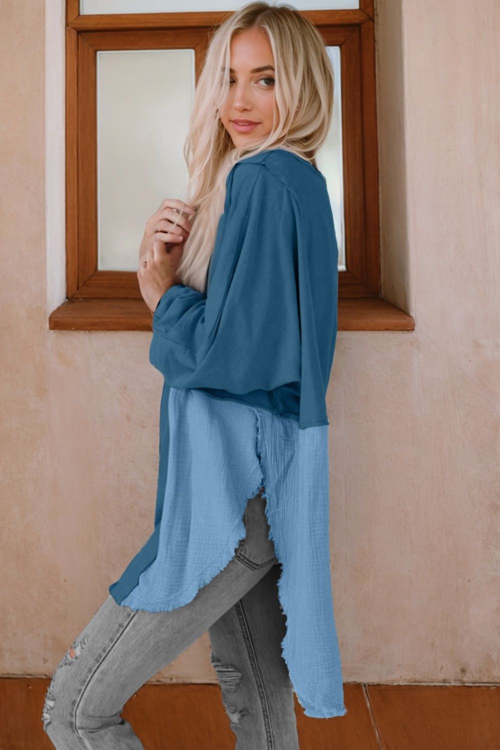 Contrast Texture Round Neck Long Sleeve Blouse - felvior