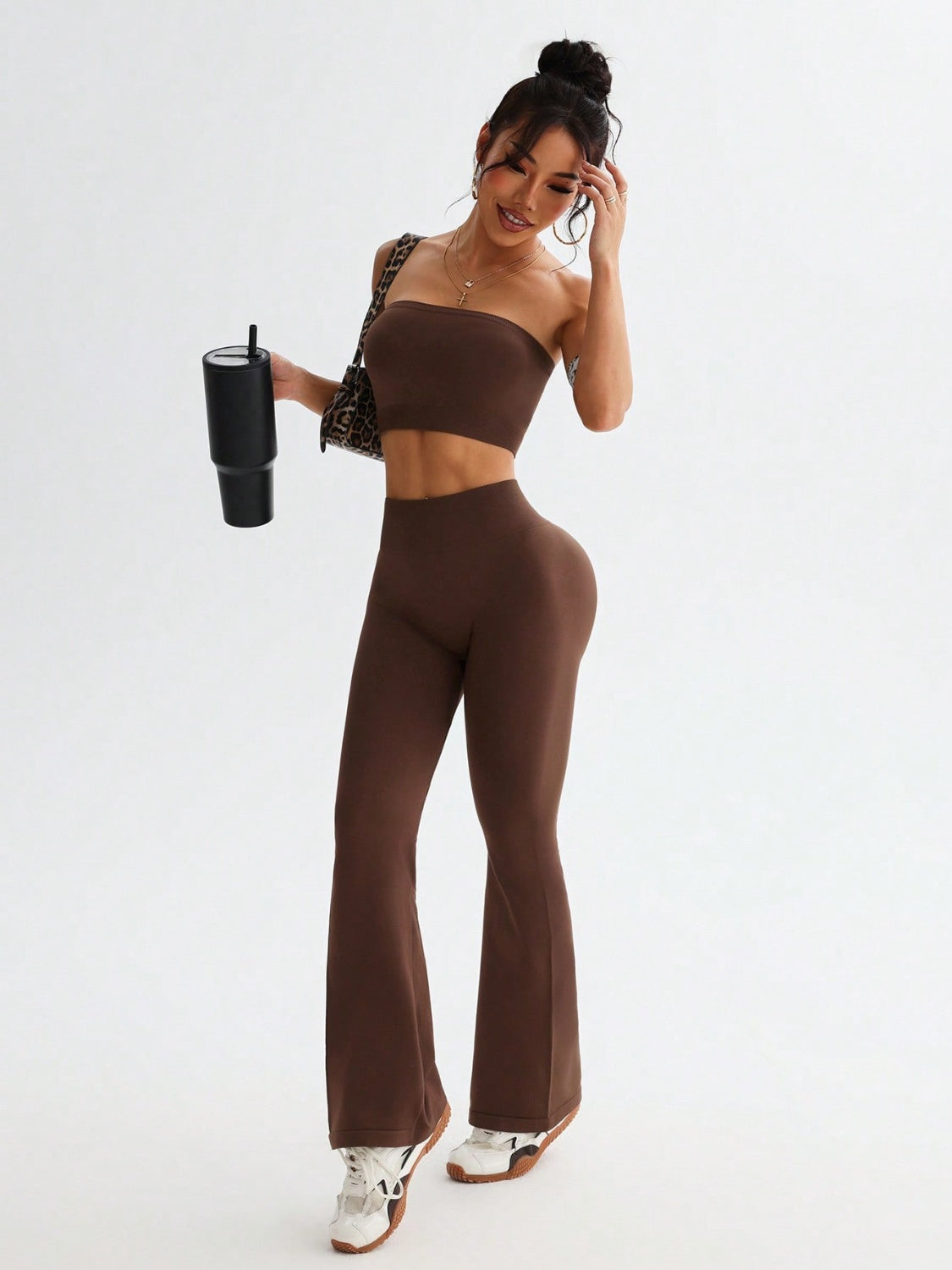 Tube Top and High Waist Flare Pants Active Set - felvior