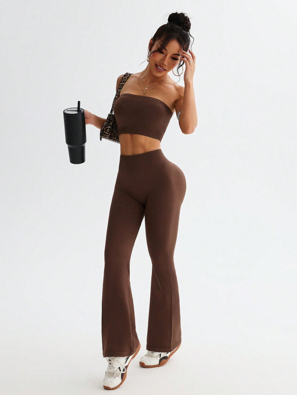 Tube Top and High Waist Flare Pants Active Set