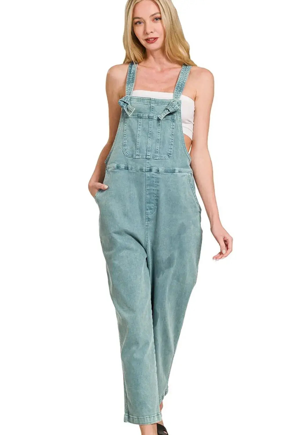 Zenana Washed Knot Strap Relaxed Fit Overalls