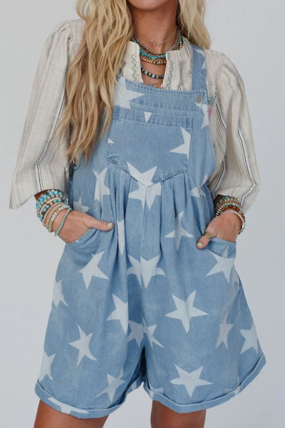 Star Print Square Neck Denim Overalls - felvior