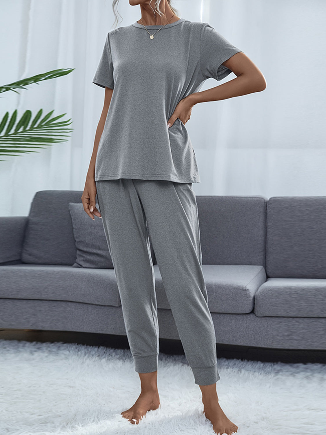 Shiny Round Neck Short Sleeve Top and Pants Set - felvior