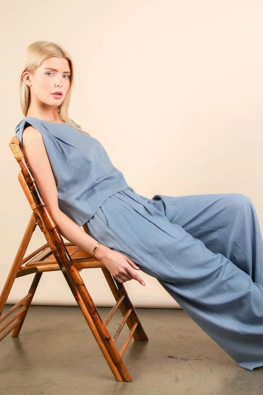 VERY J Solid Woven Top & Pants Set