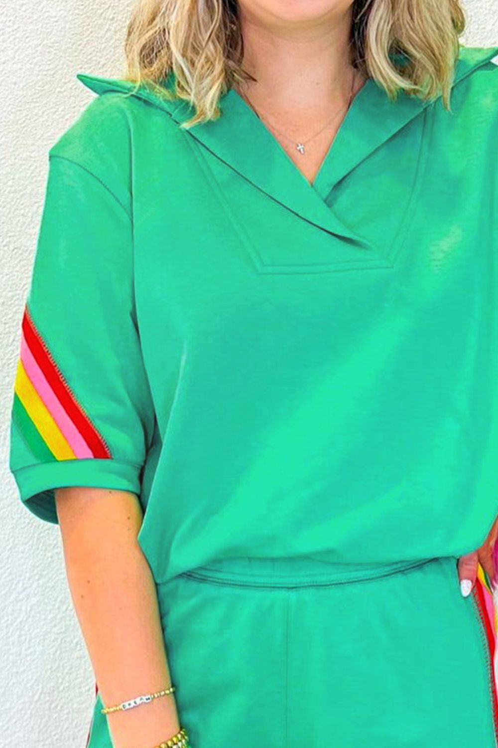 Rainbow Collared Short Sleeve Top and Shorts Set - felvior