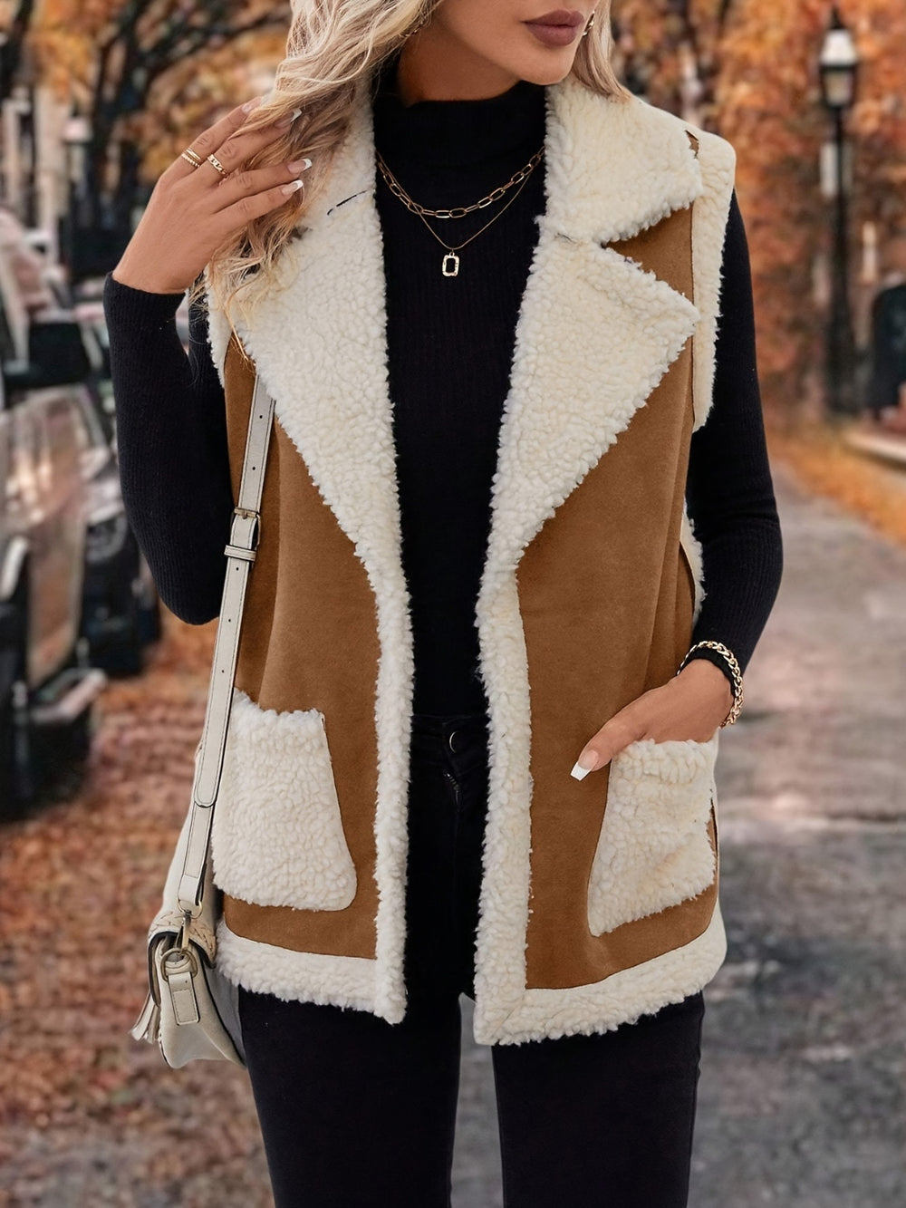 Full Size Contrast Open Front Sherpa Vest Coat - felvior
