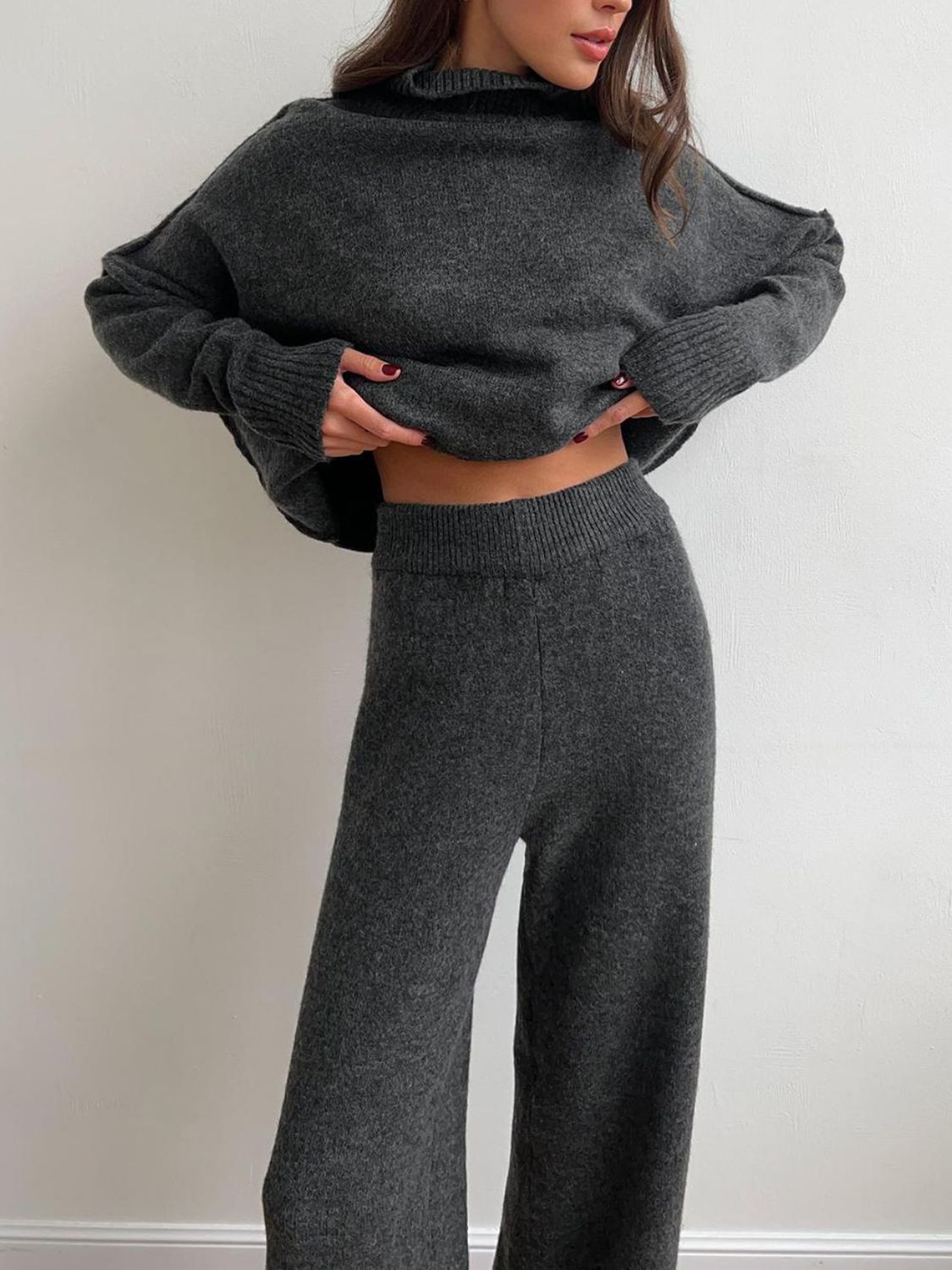 Slit Turtleneck Long Sleeve Top and Pants Sweater Set - felvior