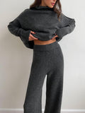 Slit Turtleneck Long Sleeve Top and Pants Sweater Set - felvior