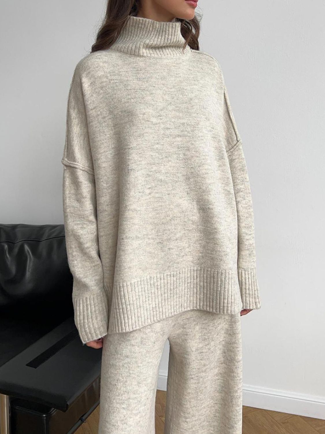 Slit Turtleneck Long Sleeve Top and Pants Sweater Set - felvior