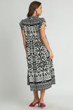 Umgee Full Size Two Tone Border Print Ruffle Cap Sleeve Midi Dress Plus Size