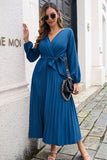 Pleated Long Sleeve Surplice Maxi Dress - felvior