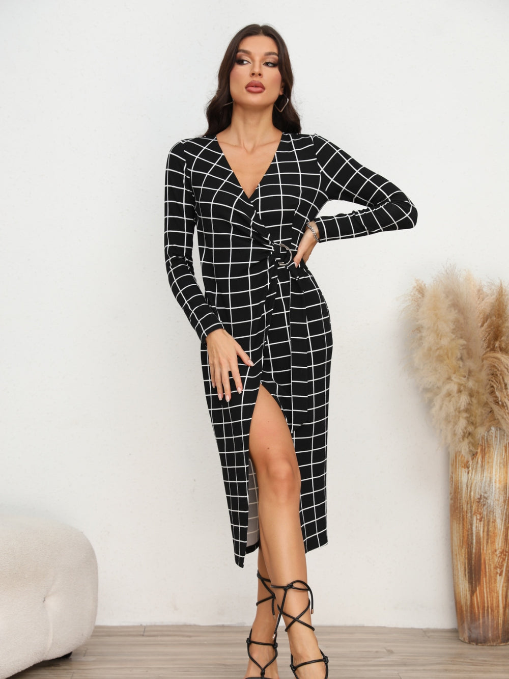Plaid Long Sleeve Slit Dress - felvior