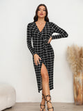 Plaid Long Sleeve Slit Dress - felvior
