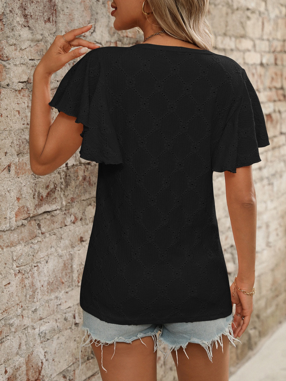 Eyelet Round Neck Flutter Sleeve Top