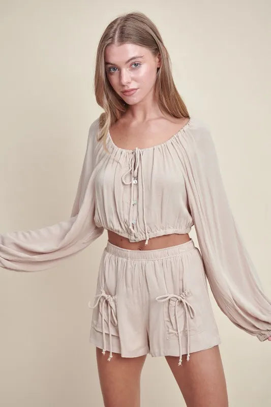 MABLE Gauze Long Sleeve Button Crop Top and Short Set - felvior