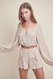 MABLE Gauze Long Sleeve Button Crop Top and Short Set - felvior