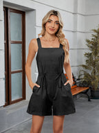 Drawstring Wide Strap Romper with Pockets