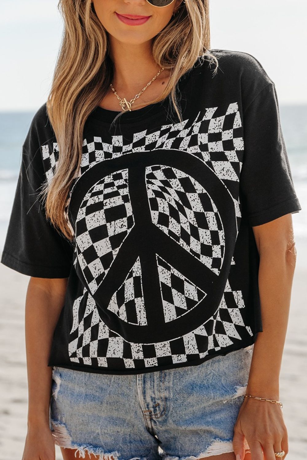 Checkered Peace Sign Round Neck T-Shirt
