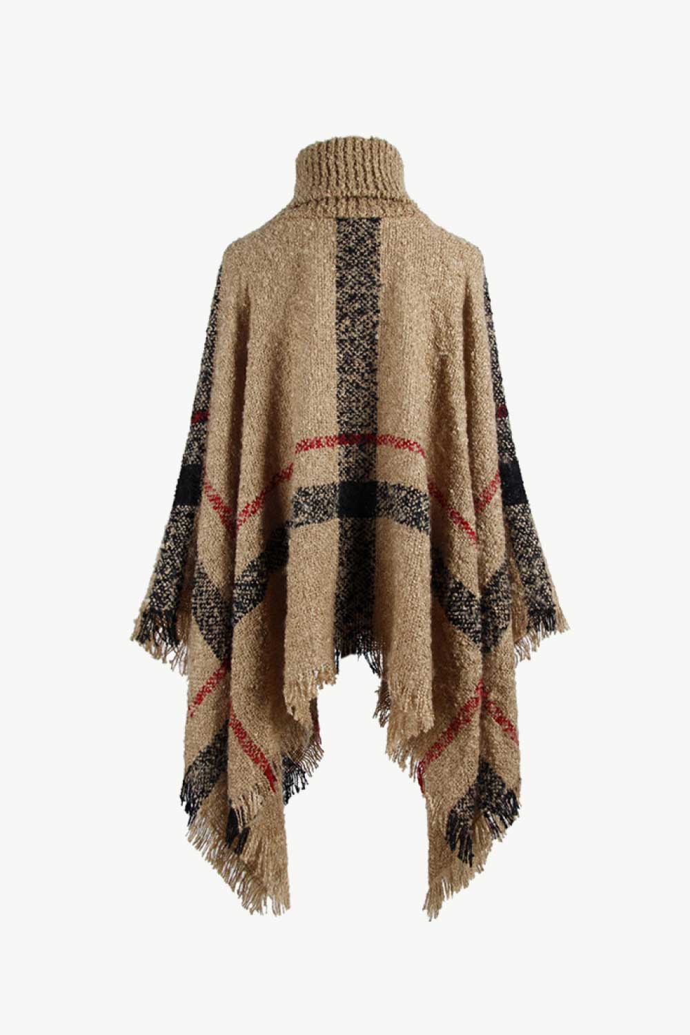 Plaid Turtleneck Raw Hem Poncho - felvior