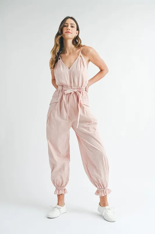 MABLE Washed Fabric Spaghetti Strap Waist Belted Jumpsuit Secondary image