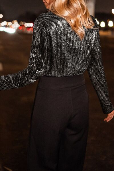 Sequin Surplice Long Sleeve Bodysuit - felvior