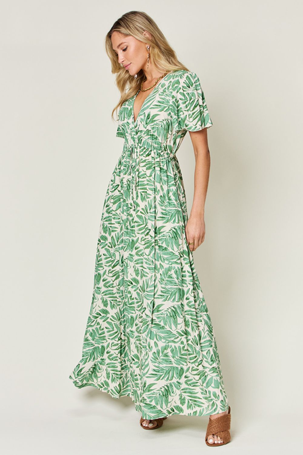 Double Take Full Size Printed Drawstring Short Sleeve Dress - felvior