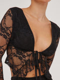 Tied Plunge Long Sleeve Lace Cropped Shirt - felvior
