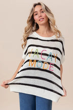 BiBi Vacay Mode Lettering Drop Shoulder Striped Sweater