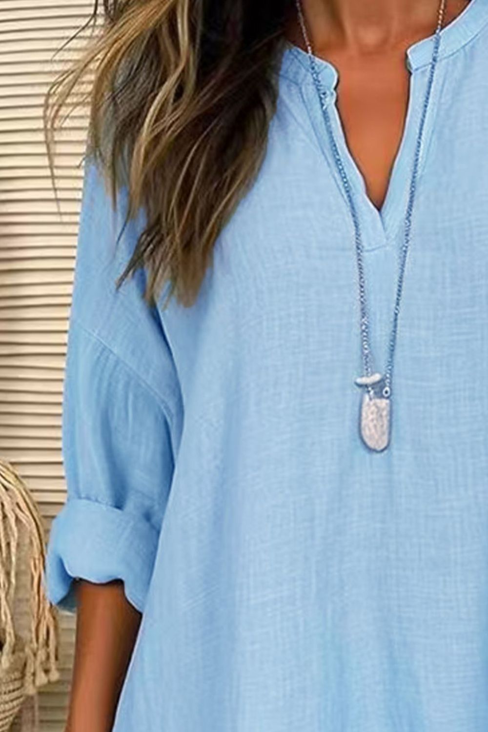 Solid Color Notched Long Sleeve Blouse - felvior
