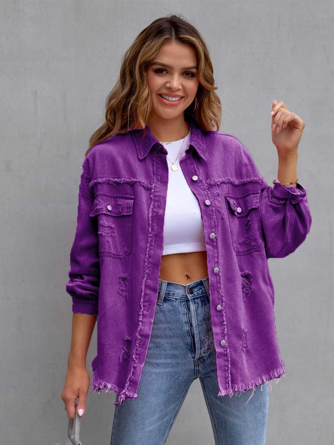 Distressed Drop Shoulder Denim Jacket - felvior