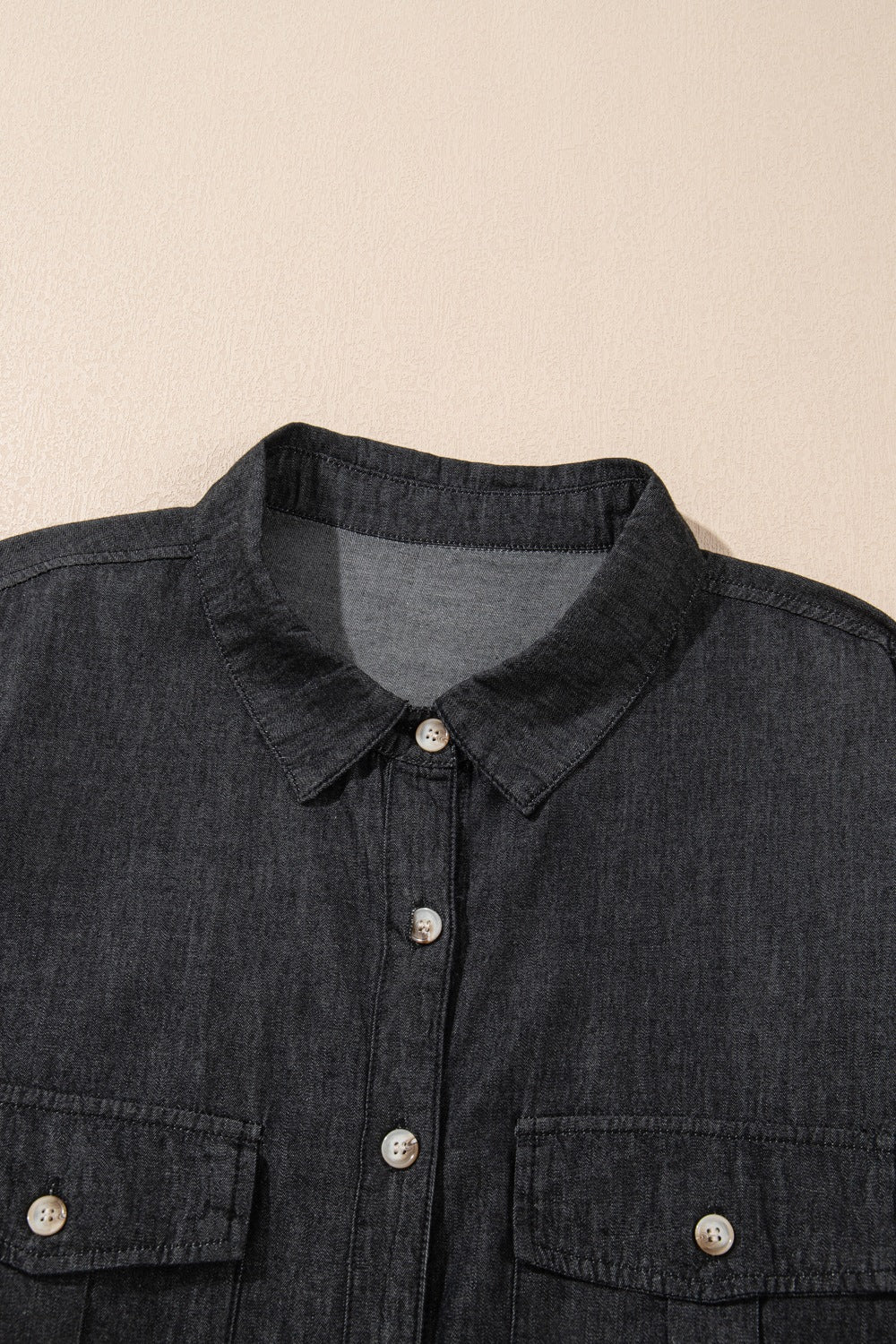 Pocketed Collared Neck Long Sleeve Denim Top - felvior