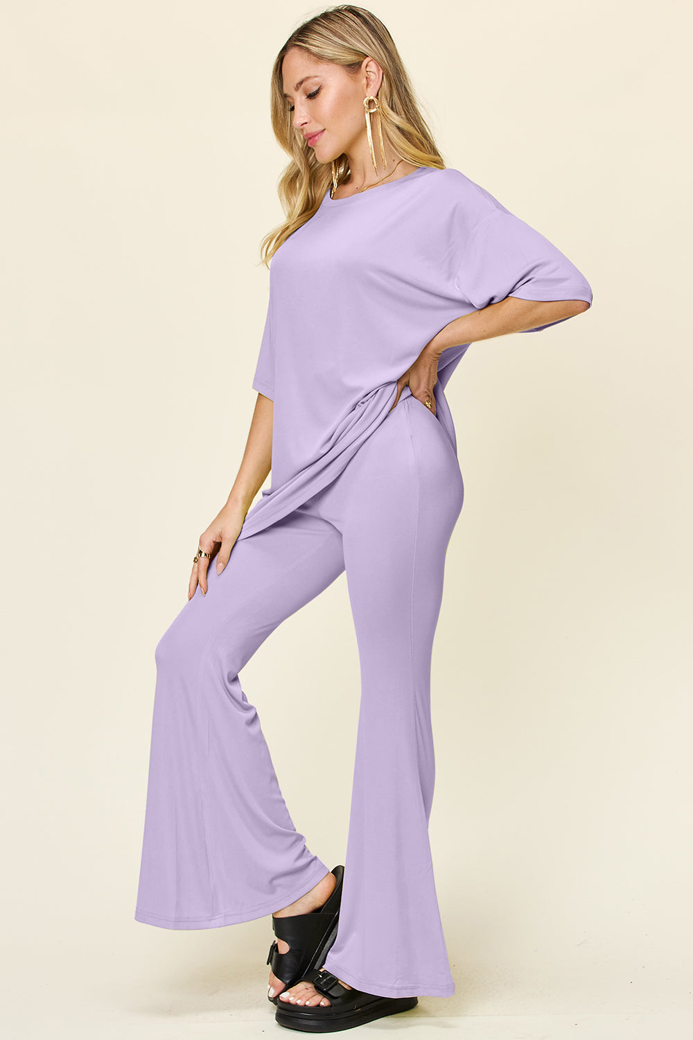 Double Take Full Size Round Neck Drop Shoulder T-Shirt and Flare Pants Set - felvior