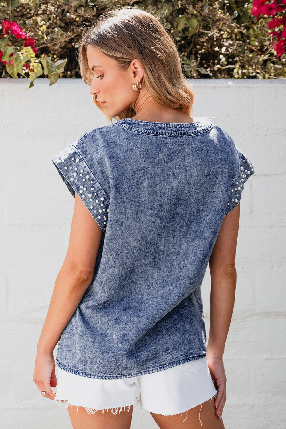 Pearl Trim Round Neck Cap Sleeve Denim Top - felvior