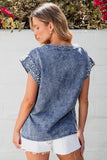 Pearl Trim Round Neck Cap Sleeve Denim Top - felvior