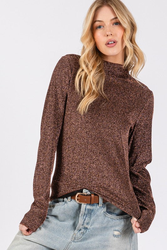SAGE + FIG Glitter Mock Neck Lettuce Hem Long Sleeve Top - felvior