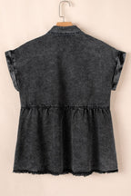 Short Sleeve Flap Pocket Button Up Raw Hem Denim Shirt