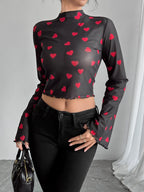 Printed Mock Neck Long Sleeve Cropped T-Shirt