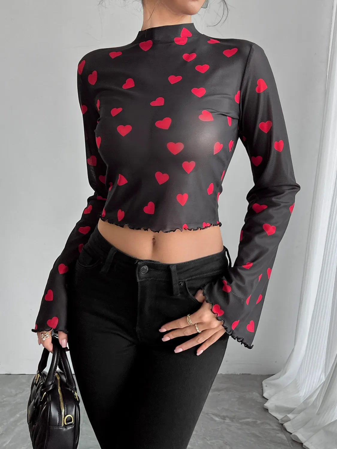 Printed Mock Neck Long Sleeve Cropped T-Shirt