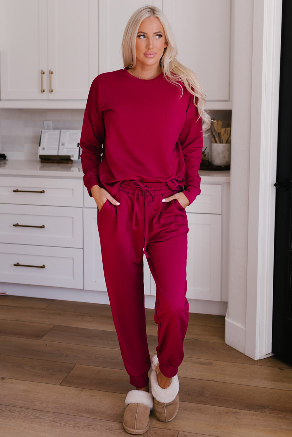 Round Neck Top and Drawstring Pants Lounge Set Main image