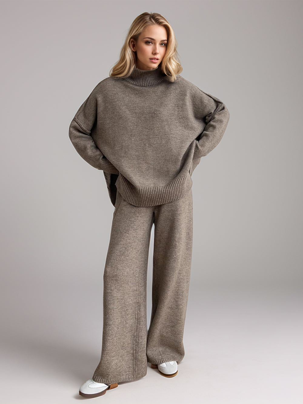 Slit Turtleneck Long Sleeve Top and Pants Sweater Set - felvior