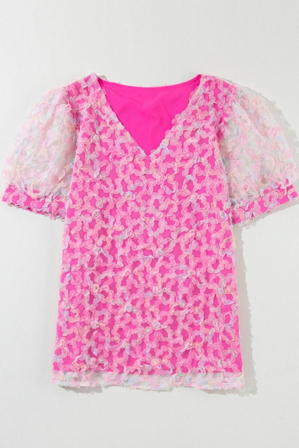 Bonbon Flowery Mesh Short Puff Sleeve Blouse - felvior