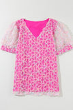 Bonbon Flowery Mesh Short Puff Sleeve Blouse - felvior
