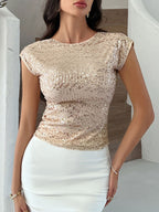 Devine Sequin Round Neck Backless T-Shirt