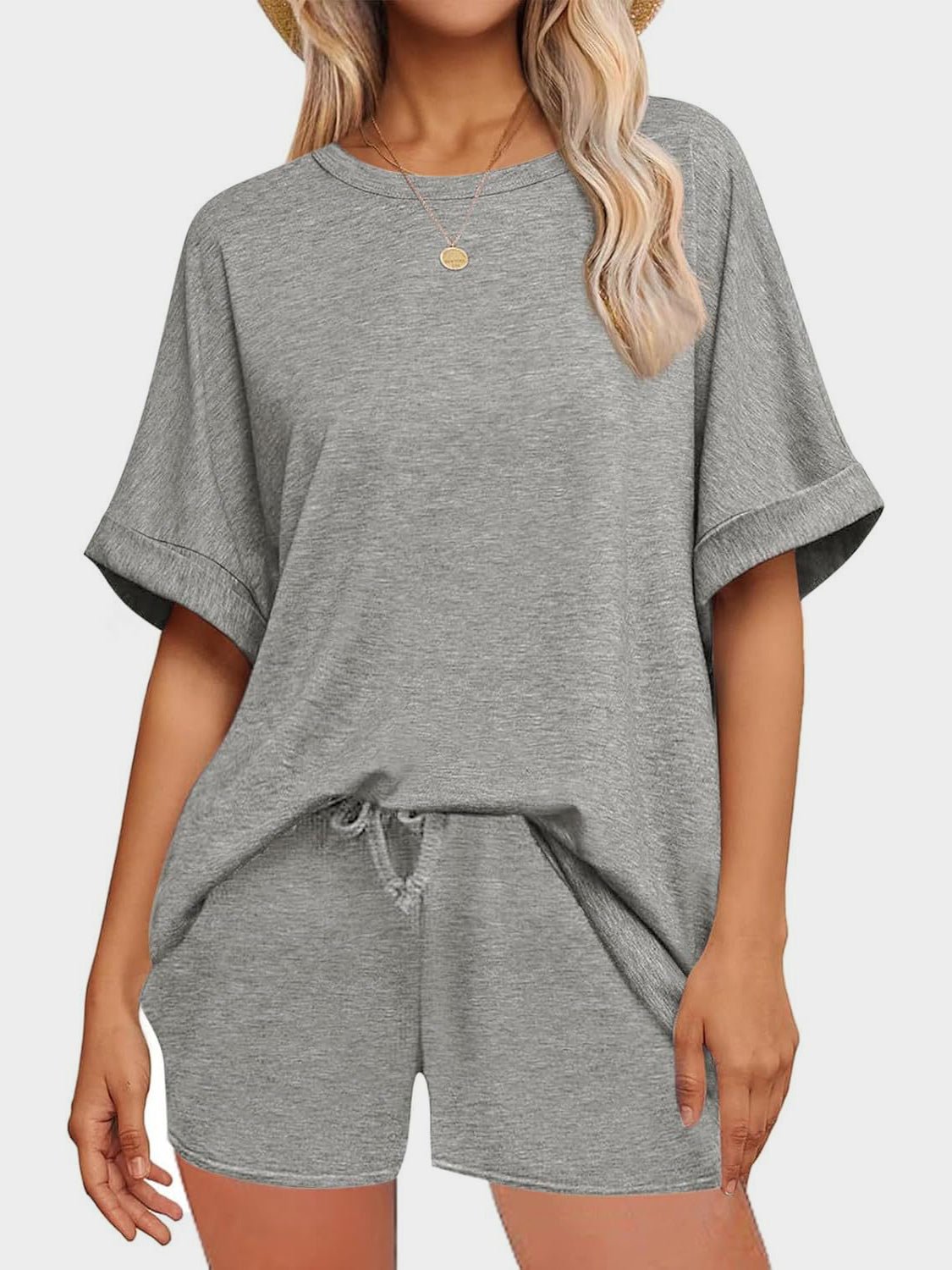 Round Neck T-Shirt and Drawstring Shorts Set