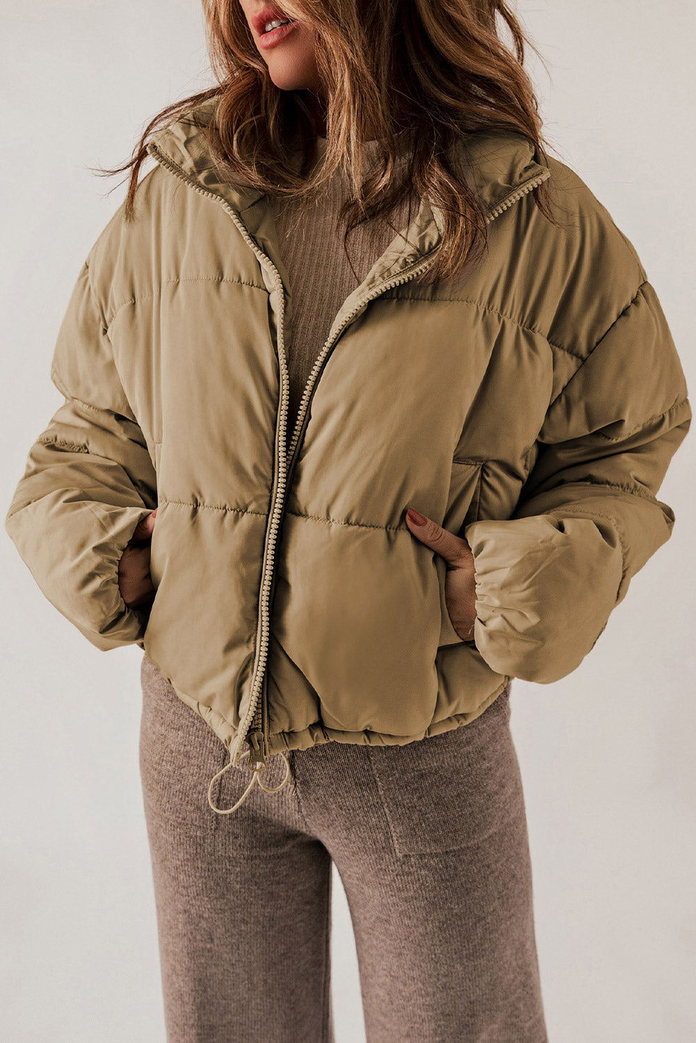 Zip Up Collared Neck Long Sleeve Winter Coat - felvior