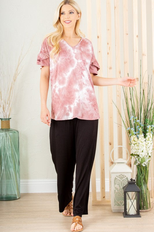 Heimish Full Size Ruffled Sleeve Tie Dye Top Plus Size - felvior